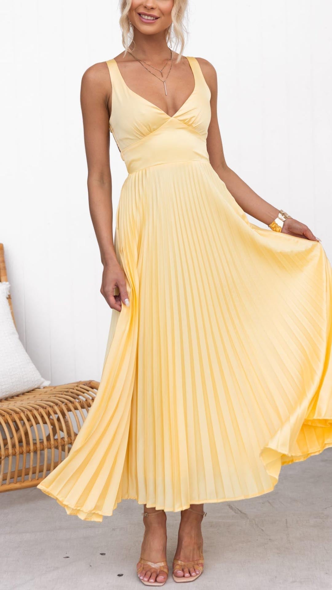 Pleated Yellow Maxi Dress