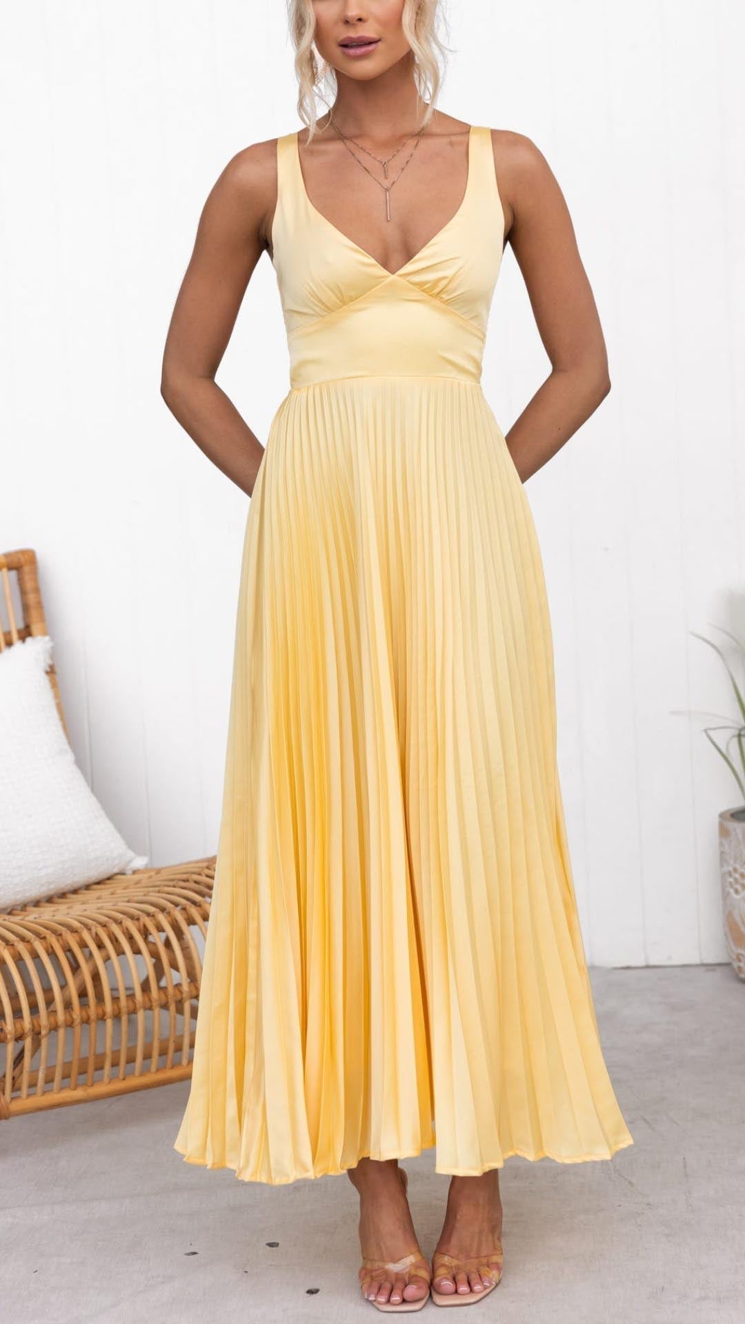 Pleated Yellow Maxi Dress