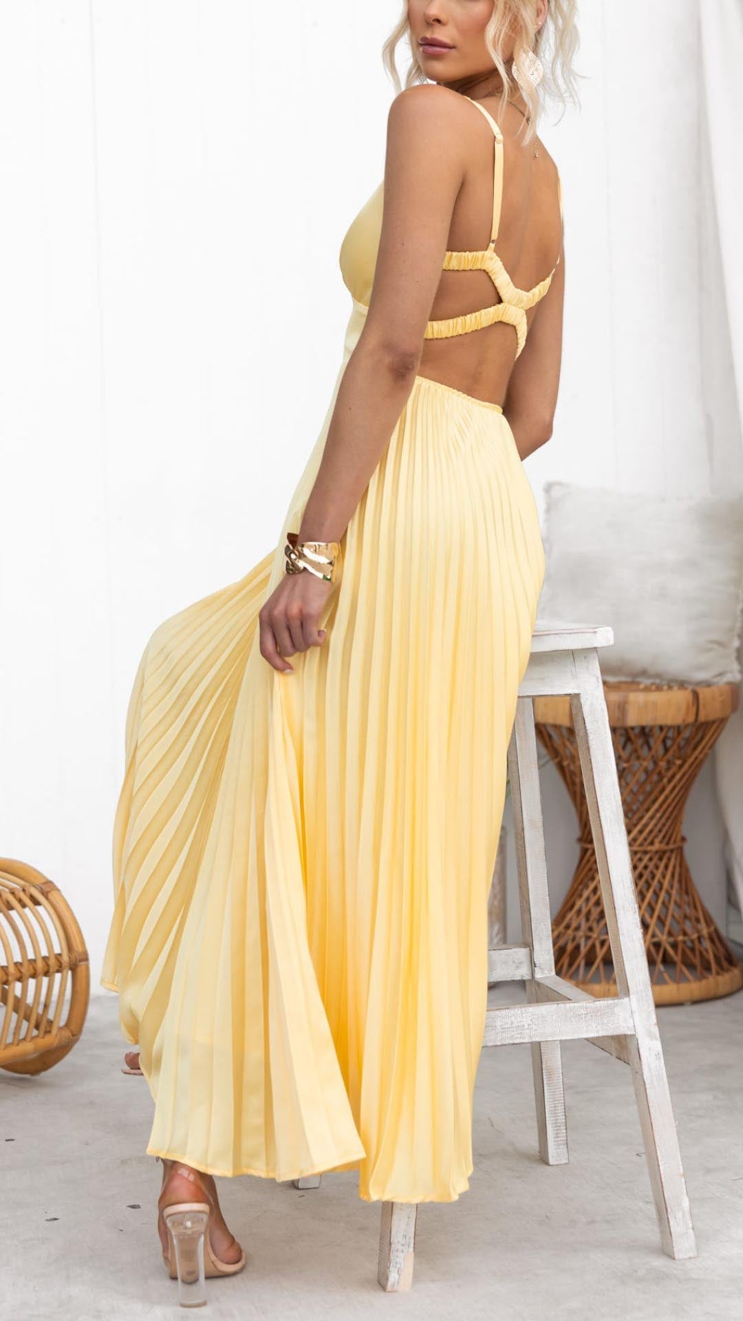 Pleated Yellow Maxi Dress