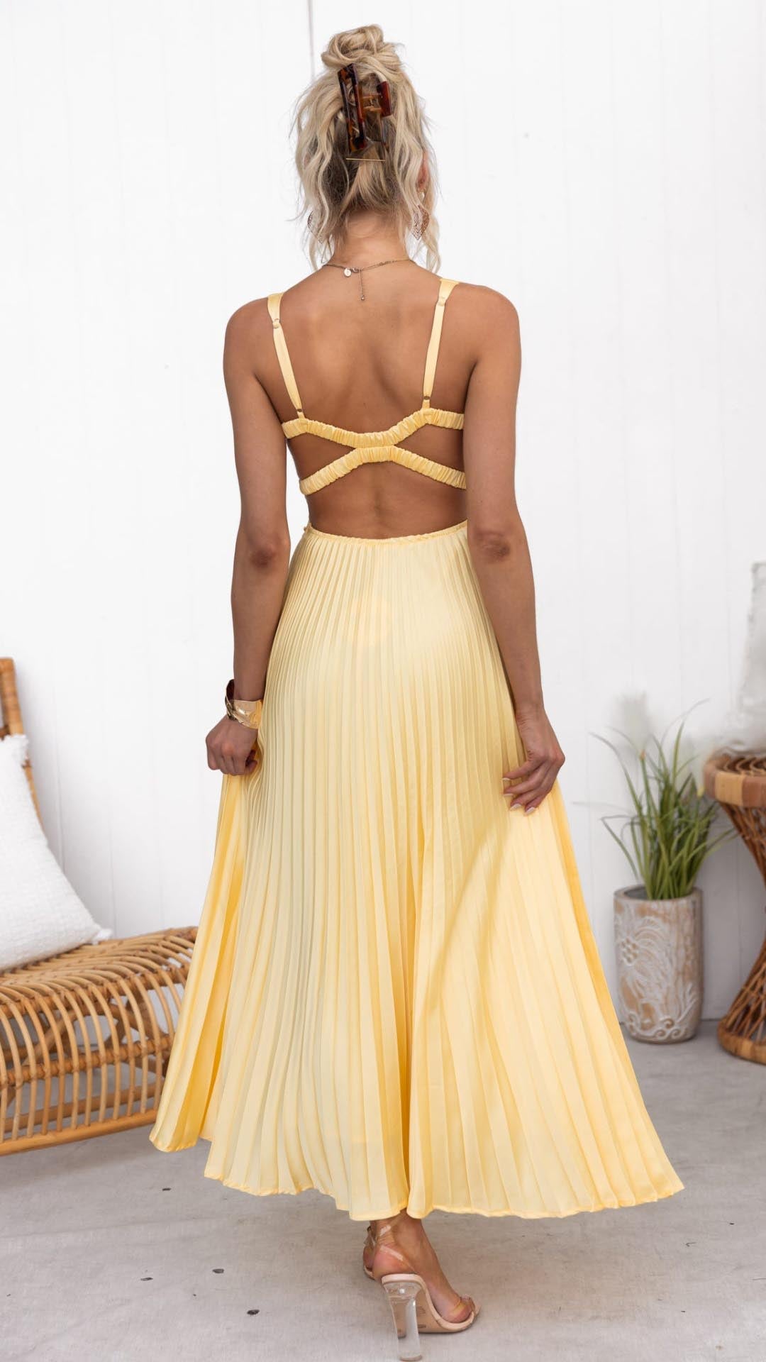 Pleated Yellow Maxi Dress