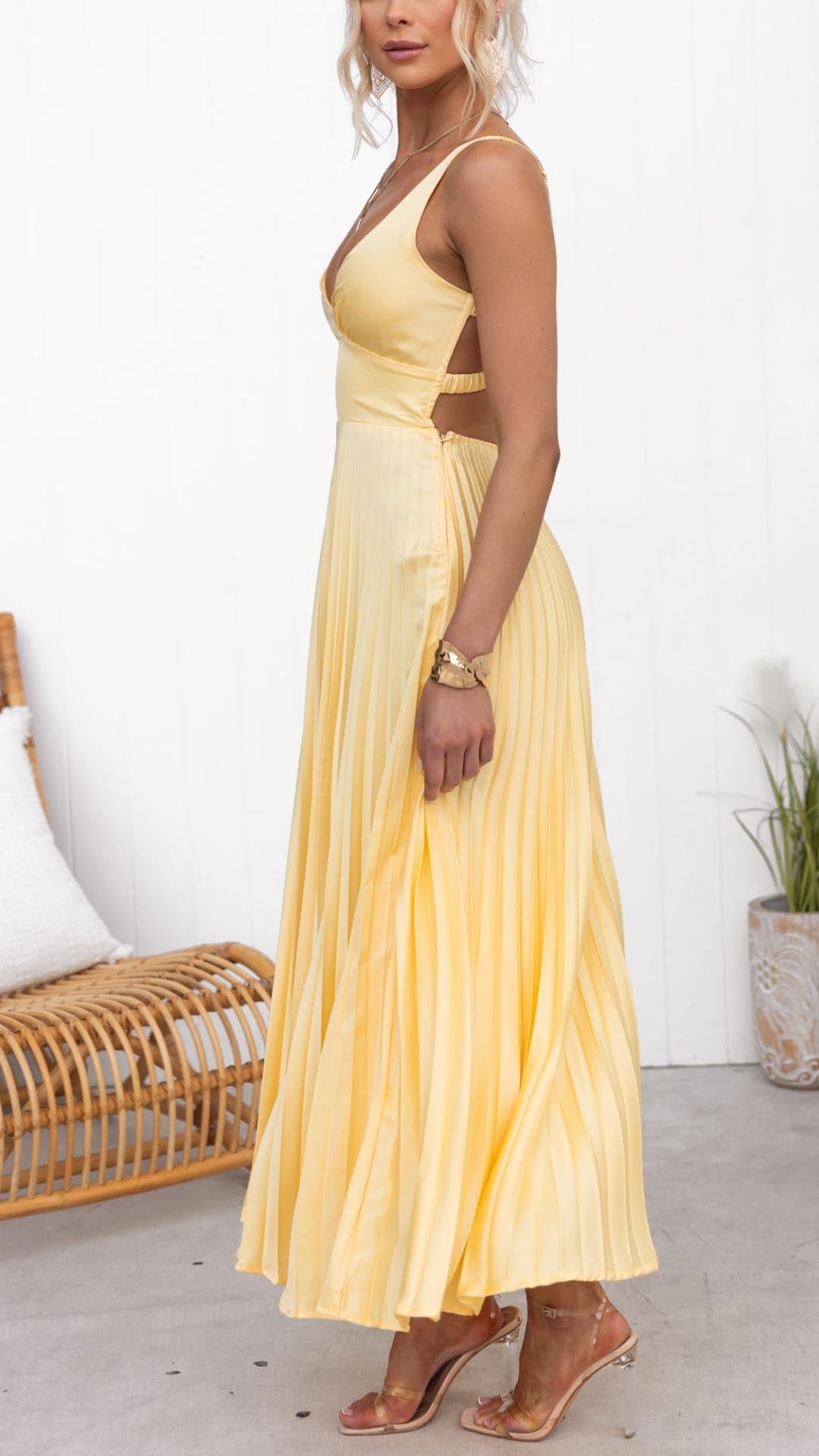 Pleated Yellow Maxi Dress